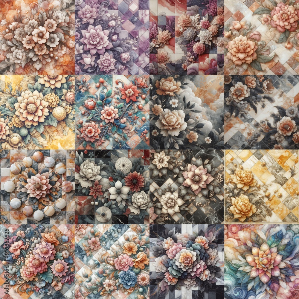 Flowers on marble stone abstraction. AI generated illustration Flowers on marble stone abstraction. AI generated illustration