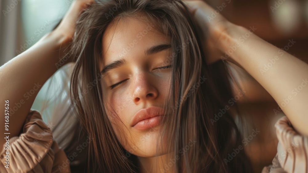 Close up of a beautiful young woman checking whether her hair is dry or not. Portrait of a brunette girl with her hands in her long straight hair and with her eyes closed Close up of a beautiful young woman checking whether her hair is dry or not. Portrait of a brunette girl with her hands in her long straight hair and with her eyes closed