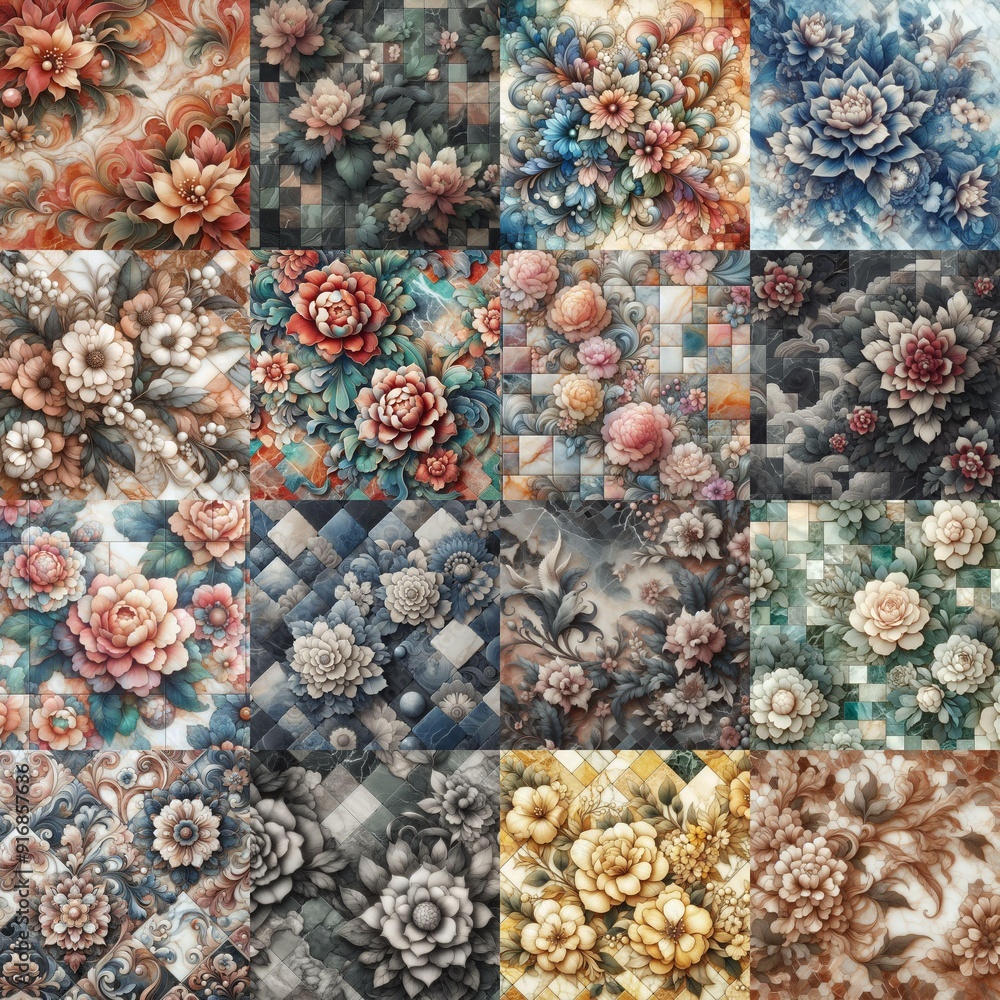Flowers on marble stone abstraction. AI generated illustration Flowers on marble stone abstraction. AI generated illustration