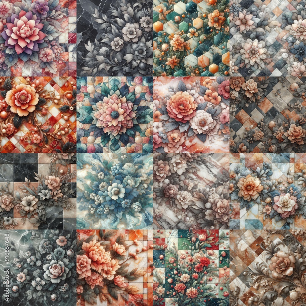 Flowers on marble stone abstraction. AI generated illustration Flowers on marble stone abstraction. AI generated illustration