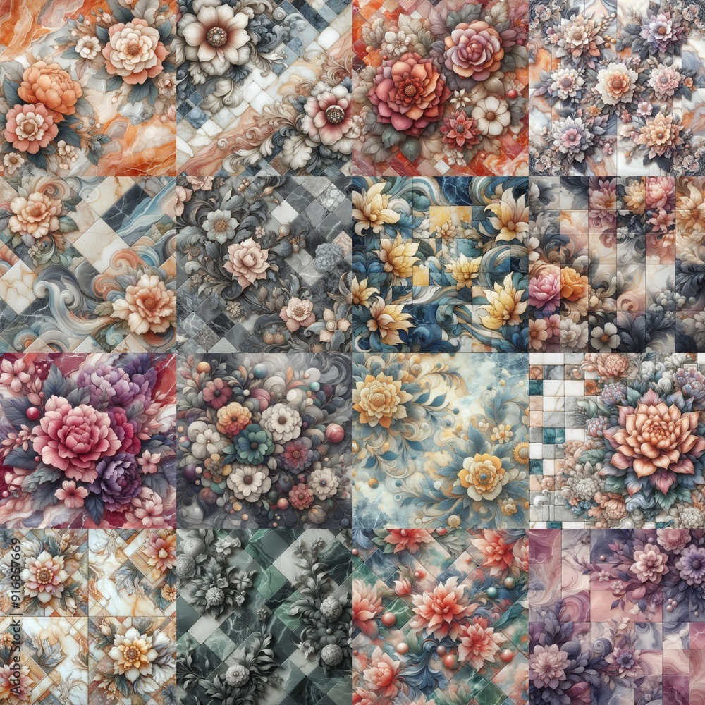 Flowers on marble stone abstraction. AI generated illustration Flowers on marble stone abstraction. AI generated illustration