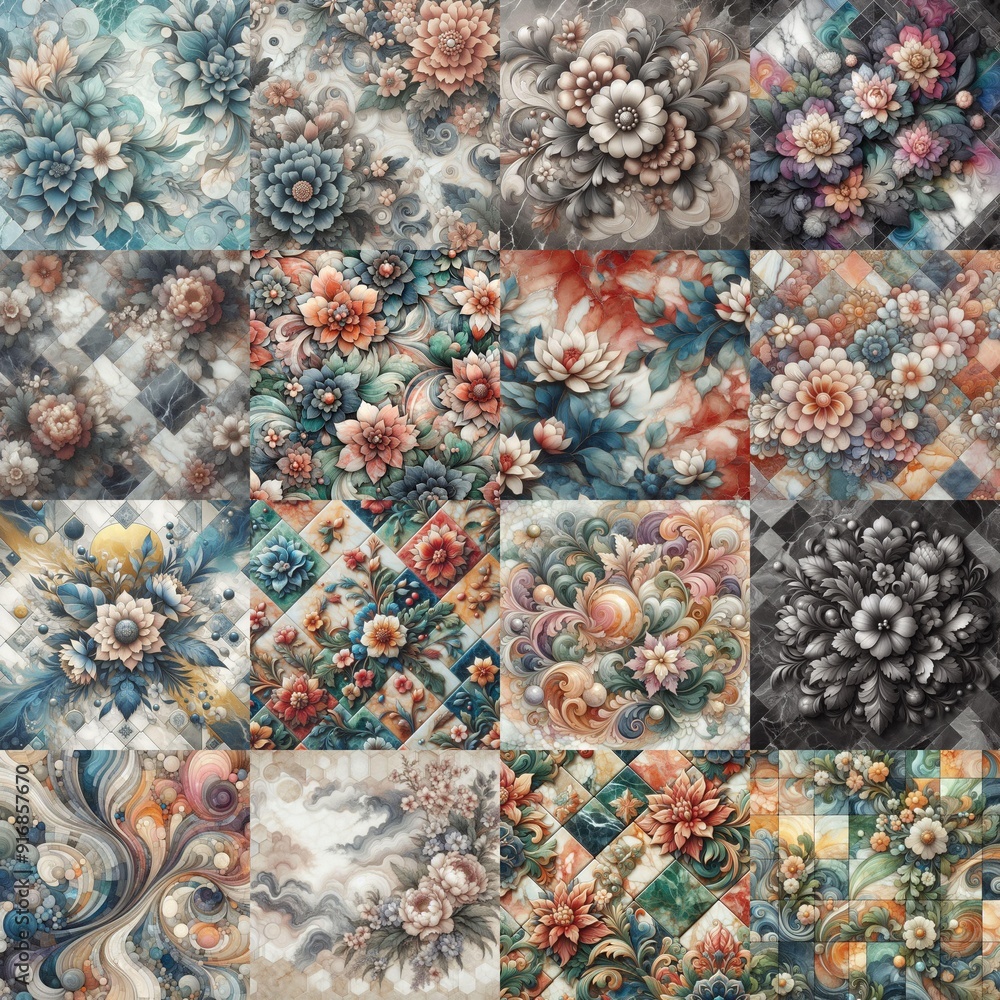 Flowers on marble stone abstraction. AI generated illustration Flowers on marble stone abstraction. AI generated illustration