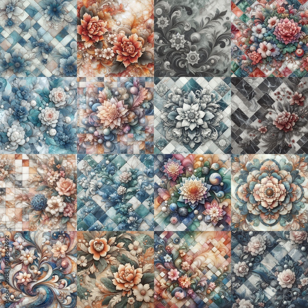 Flowers on marble stone abstraction. AI generated illustration Flowers on marble stone abstraction. AI generated illustration