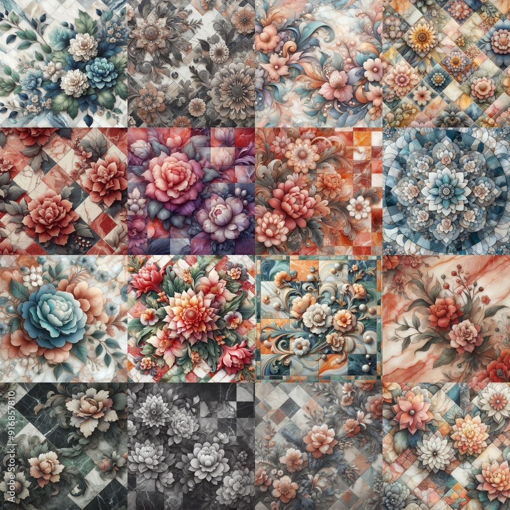 Flowers on marble stone abstraction. AI generated illustration Flowers on marble stone abstraction. AI generated illustration