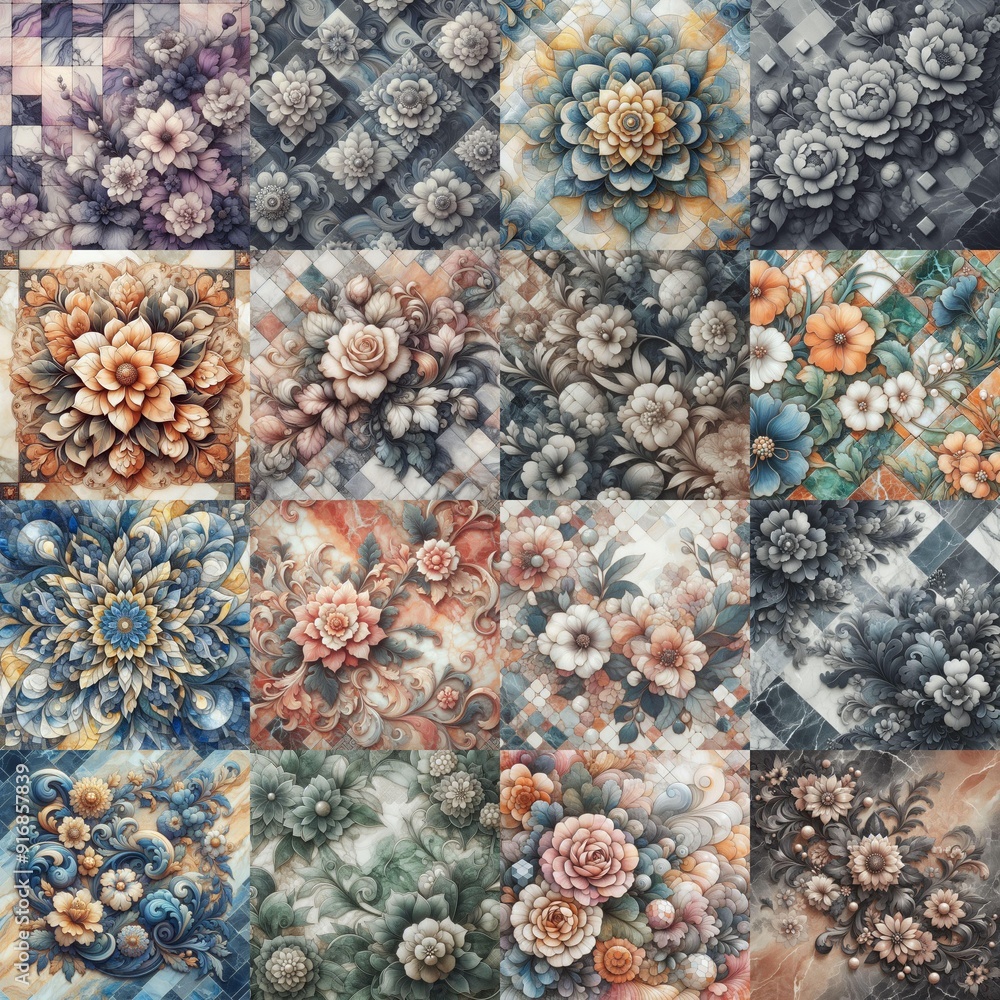 Flowers on marble stone abstraction. AI generated illustration Flowers on marble stone abstraction. AI generated illustration