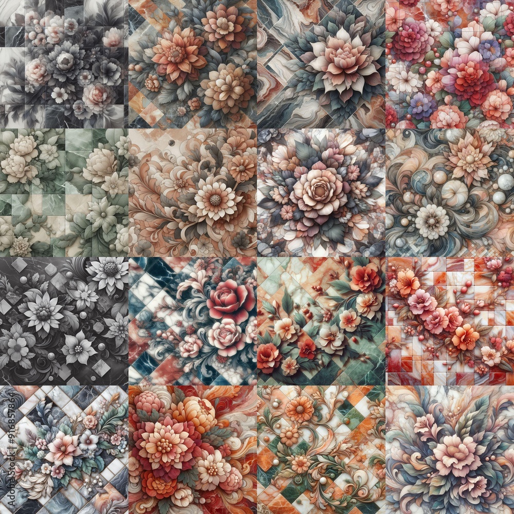 Flowers on marble stone abstraction. AI generated illustration Flowers on marble stone abstraction. AI generated illustration