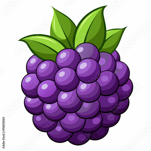 Cartoon Illustration of a Single Purple Blackberry with Green Leaves