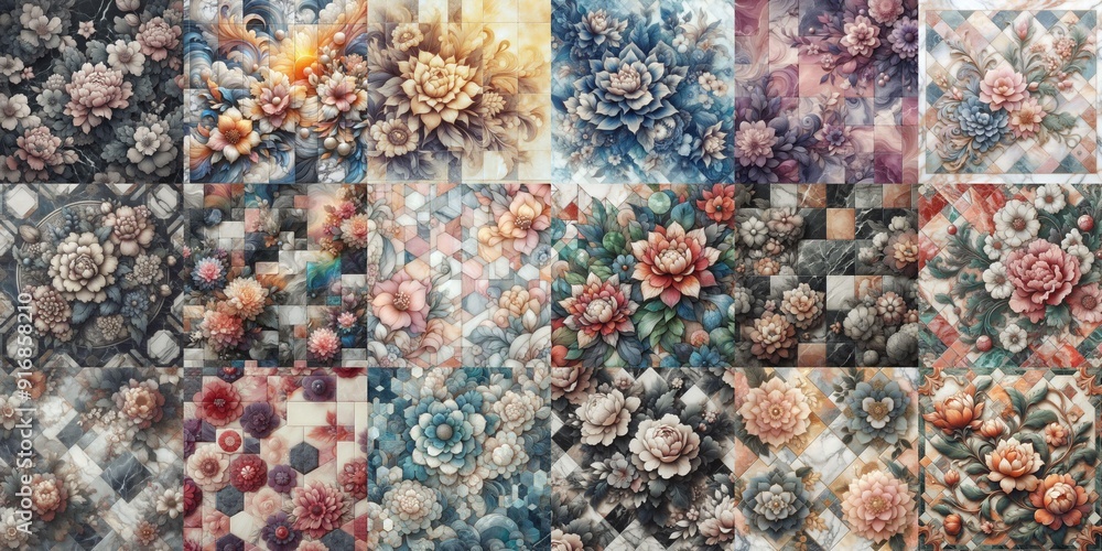 Flowers on marble stone abstraction. AI generated illustration Flowers on marble stone abstraction. AI generated illustration