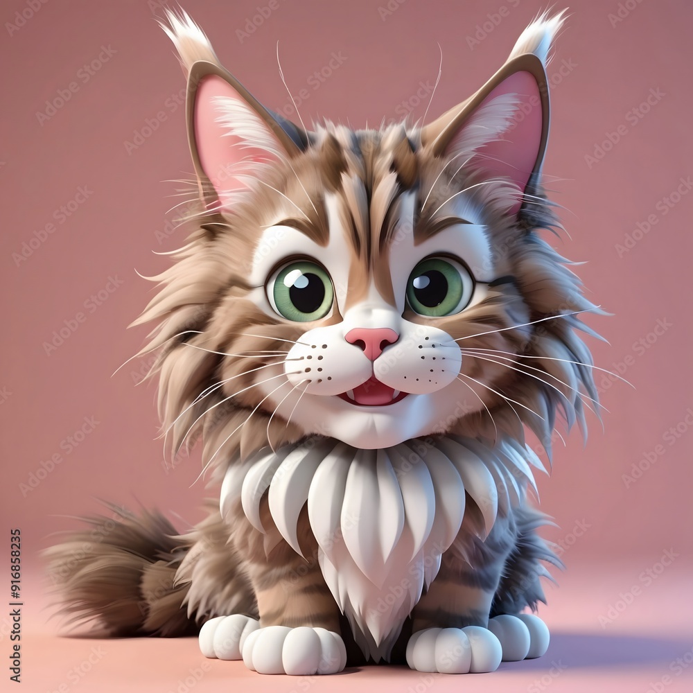 Fototapeta premium Cute cartoon kitten sitting on a pink background.