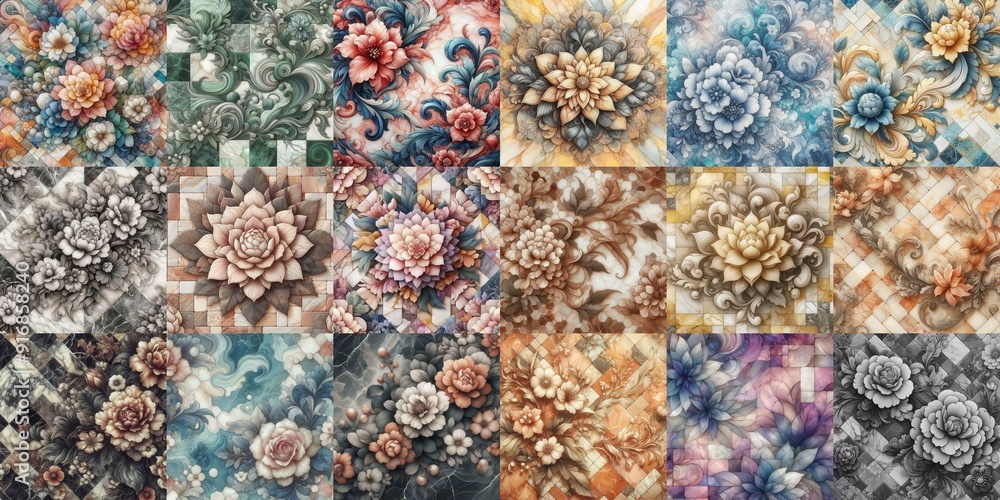 Flowers on marble stone abstraction. AI generated illustration Flowers on marble stone abstraction. AI generated illustration