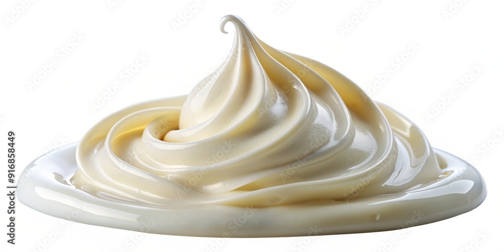 Close-up of a single dollop of white cream, alone on a transparent background, with a small droplet of liquid smeared across its smooth surface. Close-up of a single dollop of white cream, alone on a transparent background, with a small droplet of liquid smeared across its smooth surface.