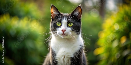 Curious inquisitive feline with distinctive blackish-white fur sits upright, alert and watchful, surveying surroundings with intent, whiskers twitching, ears perked up in quiet contemplation.