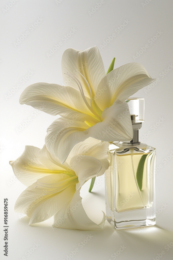 a bottle of perfume with a white flower in the middle a bottle of perfume with a white flower in the middle