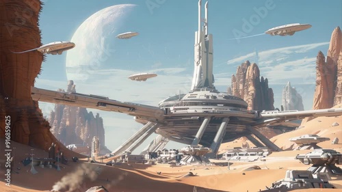 A spaceport on an alien planet, with spaceships docked and some small buildings around it. In the background are sand dunes, with a blue sky. The scene has a sci-fi feel to it. photo