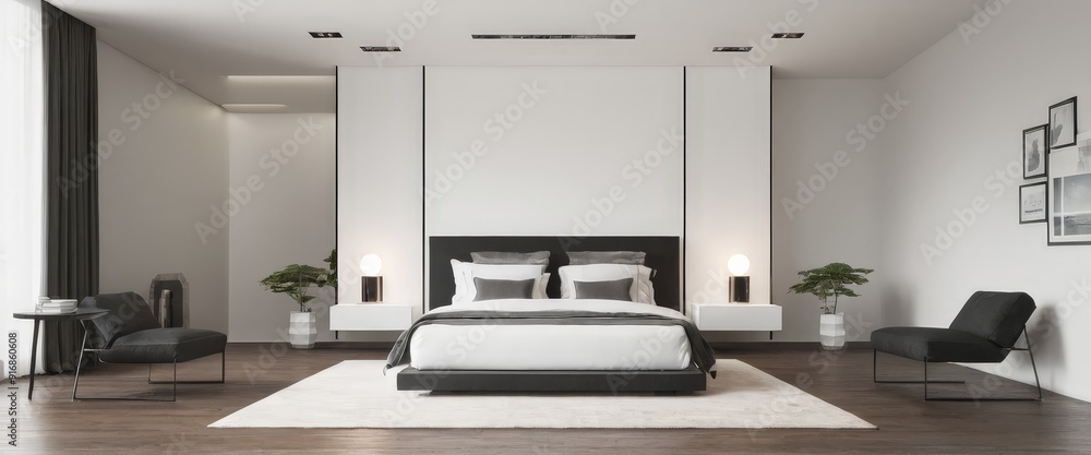 Fototapeta premium modern bedroom features large bed with black headboard, flanked by two black chairs, and flanked by two black