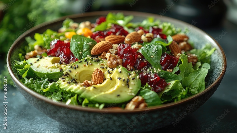 Close-up of a nutritious salad bowl filled with mixed greens and vegetables Close-up of a nutritious salad bowl filled with mixed greens and vegetables