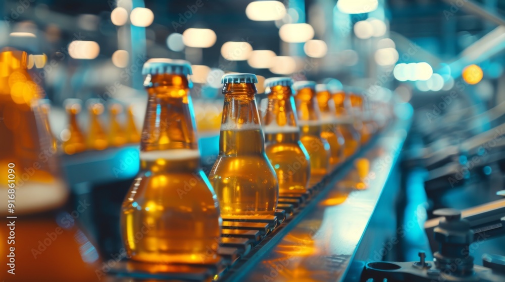 Brewery conveyor glass beer drink alcohol bottles, modern production line. Blurred background. Selective focus. Factory for the production of beer cider. Bottling plant manufacturing bottling drinks Brewery conveyor glass beer drink alcohol bottles, modern production line. Blurred background. Selective focus. Factory for the production of beer cider. Bottling plant manufacturing bottling drinks