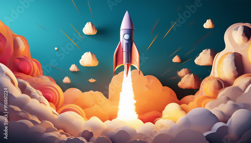 3D rocket blasts off into the sky through the clouds