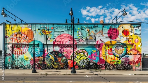 cans with spray paint and ladder near colorful graffiti on wall of building in city. AI generated illustration