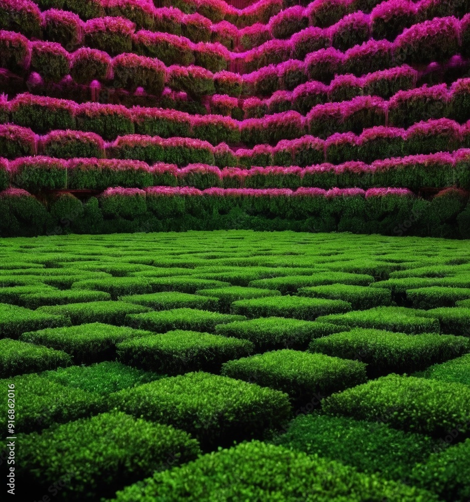 vibrant garden scene features large, intricate arrangement pink flowers in geometric pattern, contrasting vibrant garden scene features large, intricate arrangement pink flowers in geometric pattern, contrasting