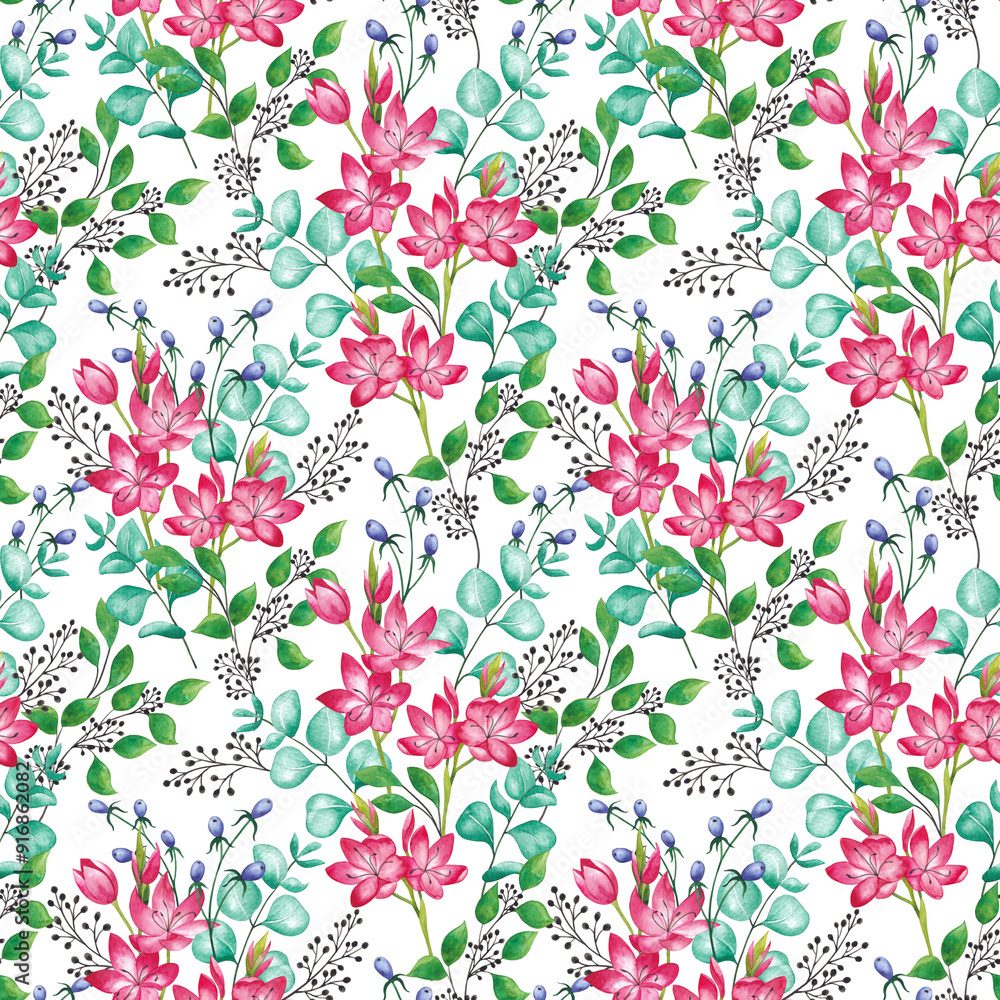 Seamless pattern of pink flowers, branches with leaves and berries on a white background. Watercolor illustration. Seamless pattern of pink flowers, branches with leaves and berries on a white background. Watercolor illustration.