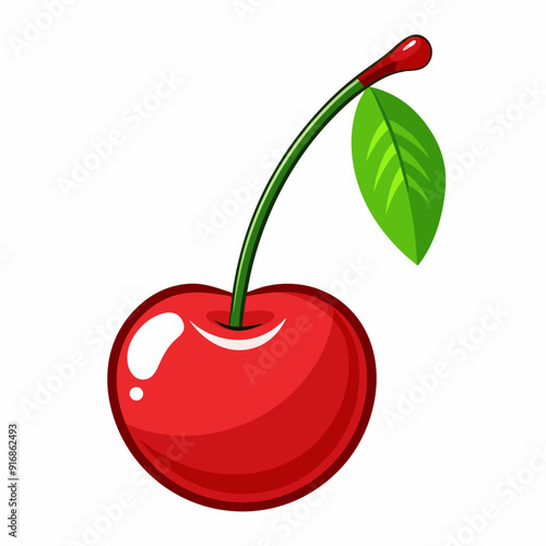 A single red cherry with a green stem and leaf