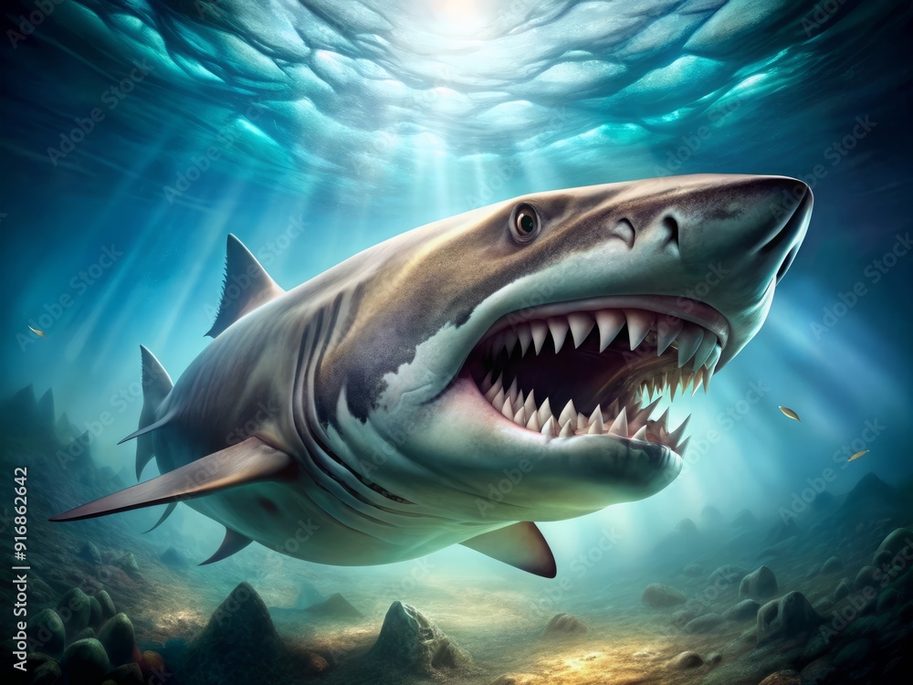 Fototapeta premium Fierce and majestic, a highly detailed sand tiger shark illustration showcases its distinctive teeth and powerful physique in a stunning underwater environment.
