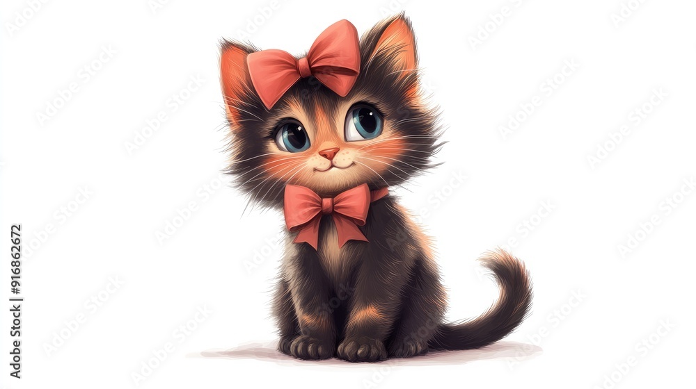 Obraz premium Adorable anime kitten with a little bow, sitting happily, bright colors, isolated on white