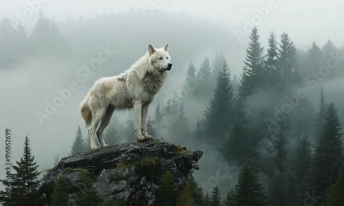 White Wolf Standing on a Rock in a Foggy Forest