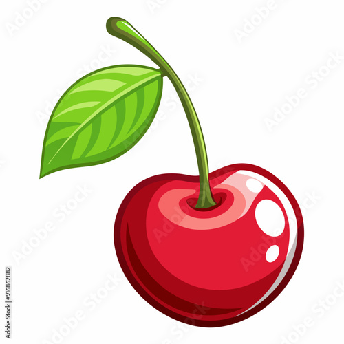 A Single Red Cherry with a Green Leaf and Stem