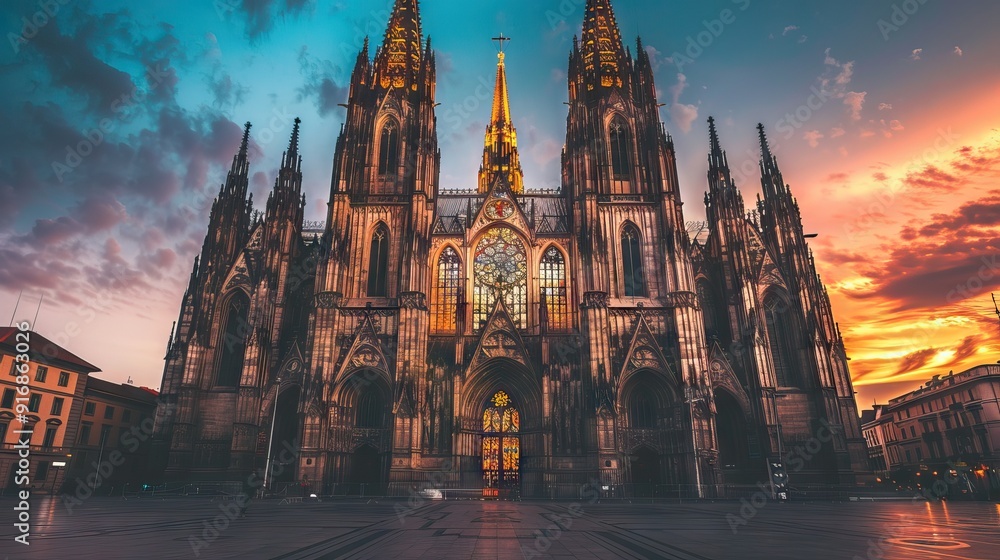 View on entrance to the Cathedral in the evening. AI generated illustration View on entrance to the Cathedral in the evening. AI generated illustration
