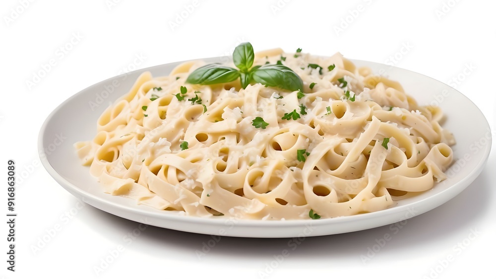 Isolated on a white backdrop, creamy fettuccine Alfredo with Parmesan cheese, Italian cuisine package Isolated on a white backdrop, creamy fettuccine Alfredo with Parmesan cheese, Italian cuisine package