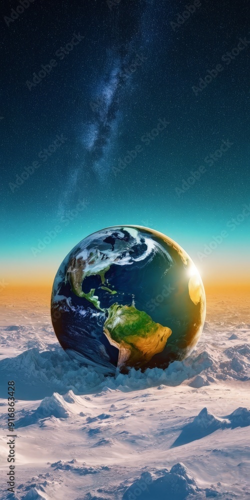 Naklejka premium digital Earth, with blue sky and white clouds, is depicted from space, featuring milky way galaxy and warm