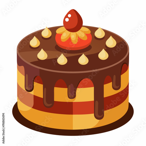 Chocolate Cake with Yellow and Red Icing and a Strawberry on Top