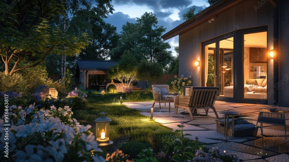 Summer night on suburban home's patio with garden