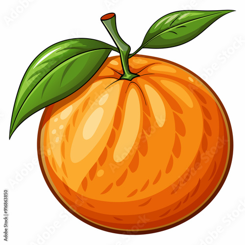 Single Orange with Green Leaves and Stem