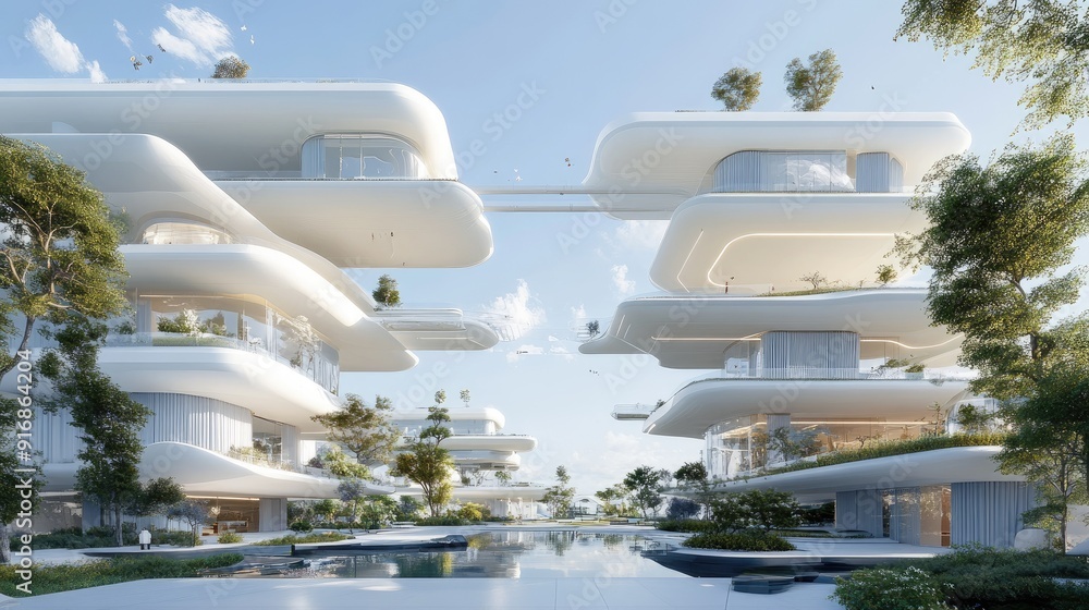 Floating architectural concept with interconnected buildings and sky bridges