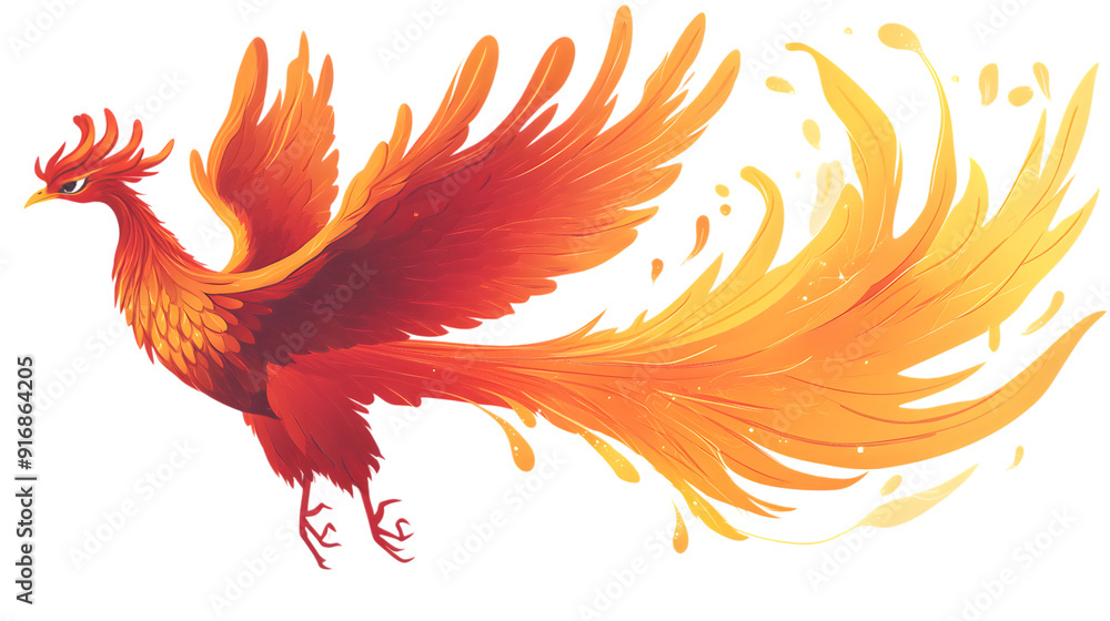 Obraz premium Phoenix in red and orange colors, vector illustration on a white background, flying up in the style of a cartoon.PNG file with transparent background and high definition focus and dynamic range.