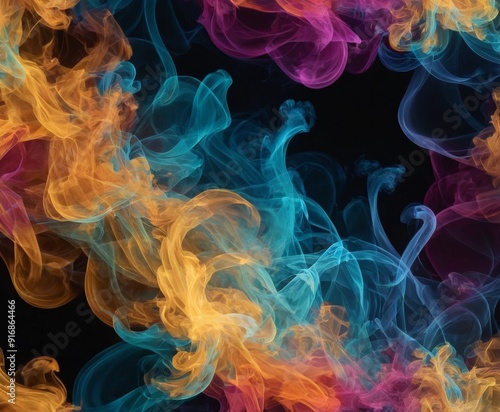 vibrant abstract featuring swirling, multicolored smoke in shades orange, yellow, blue, and purple against