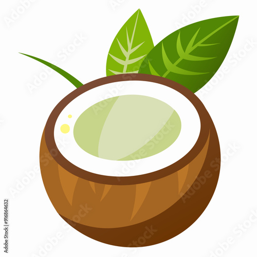 Open Coconut with Green Leaves