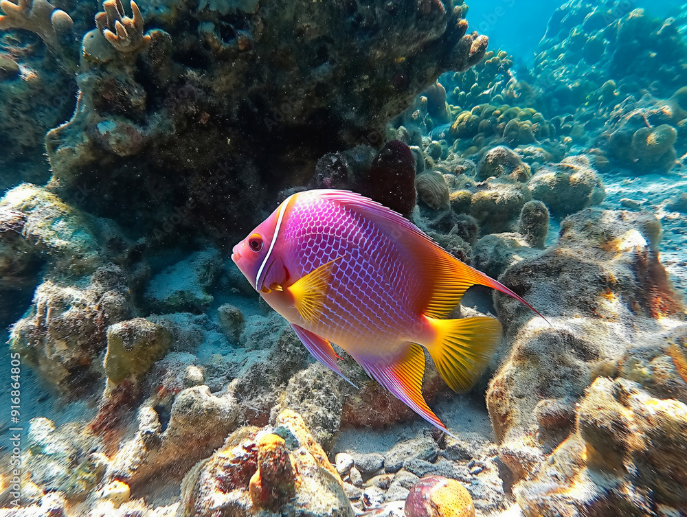 A colorful fish is swimming in the ocean near a coral reef. The fish is surrounded by sand and rocks, giving it a natural and peaceful appearance A colorful fish is swimming in the ocean near a coral reef. The fish is surrounded by sand and rocks, giving it a natural and peaceful appearance