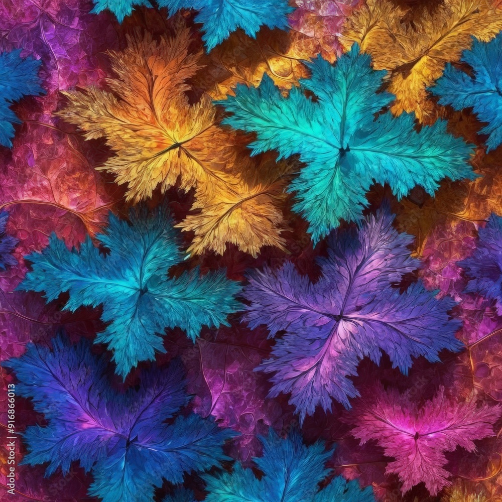 vibrant display autumn leaves in various shades orange, yellow, blue, and purple, arranged in seemingly vibrant display autumn leaves in various shades orange, yellow, blue, and purple, arranged in seemingly