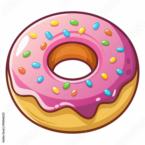 Cartoon donut with pink frosting and colorful sprinkles