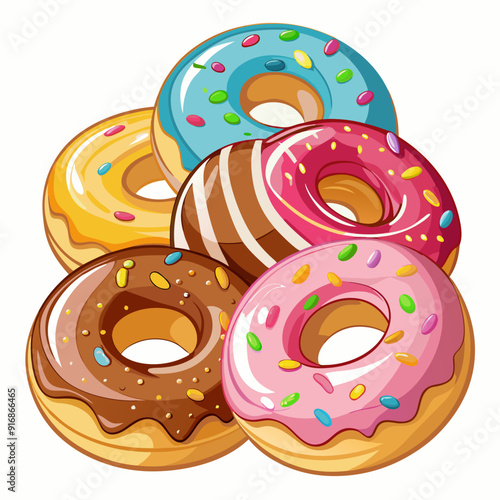 Five Colorful Glazed Donuts with Sprinkles