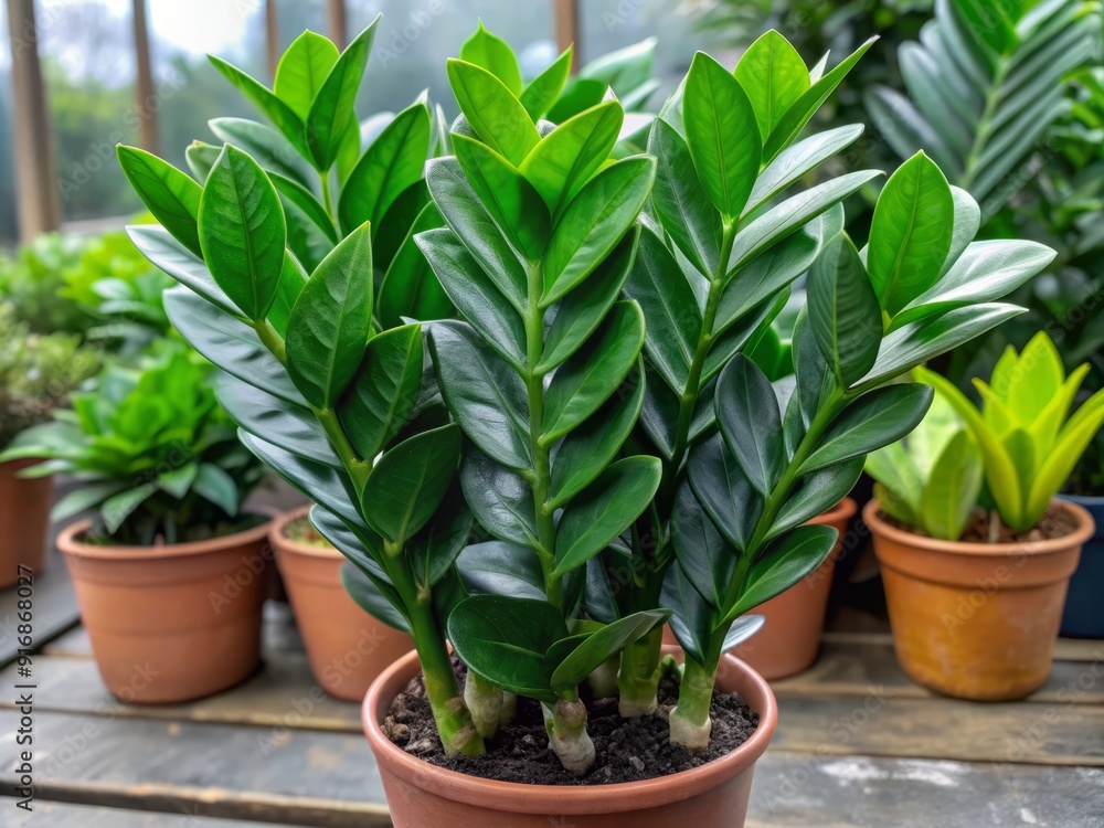 Low-maintenance Zamioculcas plant with shiny, dark green leaves grown in a pot at a nursery, perfect for indoor spaces with low light conditions. Low-maintenance Zamioculcas plant with shiny, dark green leaves grown in a pot at a nursery, perfect for indoor spaces with low light conditions.