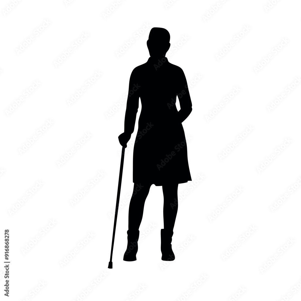 a young lady are standing with cane vector silhouette isolated white background a young lady are standing with cane vector silhouette isolated white background
