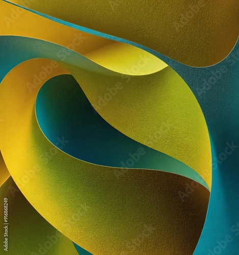 close-up view abstract art featuring overlapping curved shapes in shades yellow, green, and blue. photo