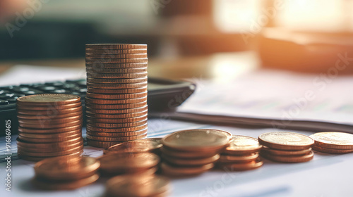 Wallpaper Mural Desk Setup for Financial Planning with Stacks of Coins, Calculator, and Papers Torontodigital.ca