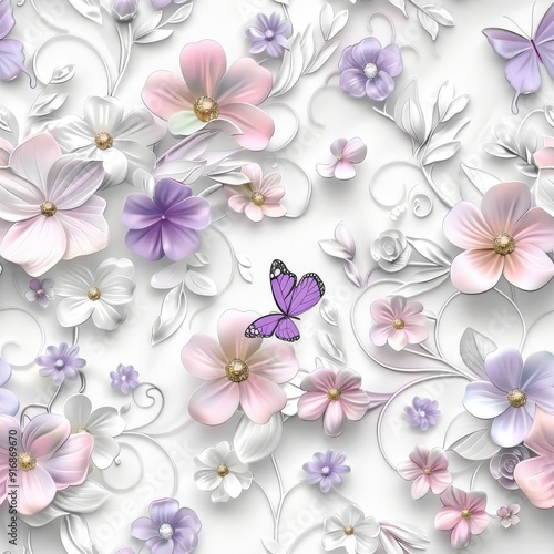 A decorative floral pattern featuring pastel flowers and a butterfly.