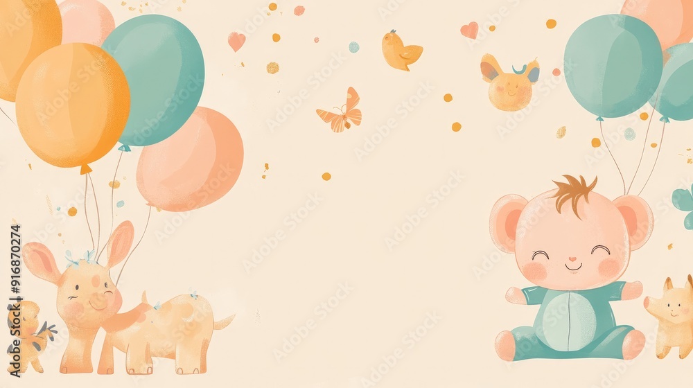 Baby shower banner with a cartoon baby and animal-shaped helium balloons on beige Baby shower banner with a cartoon baby and animal-shaped helium balloons on beige